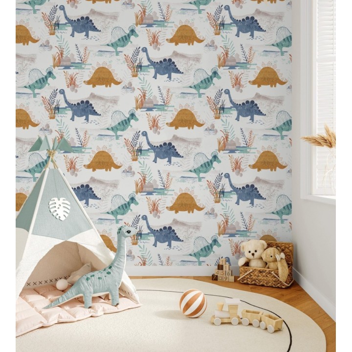Papel pintado de dinosaurios pintados con acuarela tonos azules verdes y ocre - Dylan Jurassic 684051