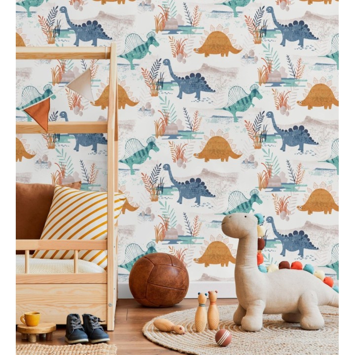 Papel pintado de dinosaurios pintados con acuarela tonos azules verdes y ocre - Dylan Jurassic 684051