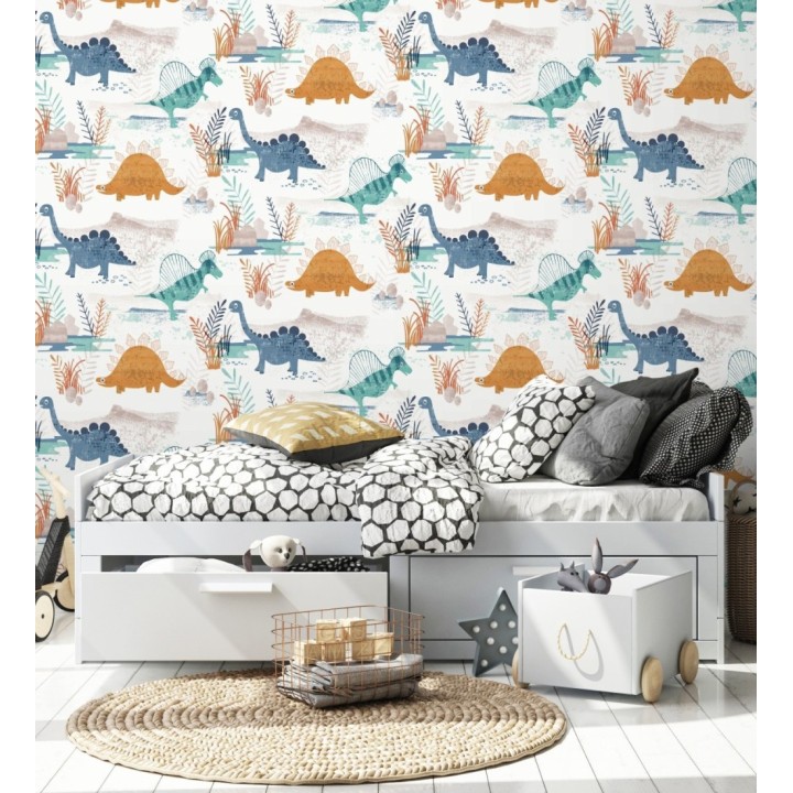 Papel pintado de dinosaurios pintados con acuarela tonos azules verdes y ocre - Dylan Jurassic 684051