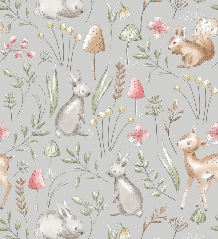 Papel pintado de animalitos en el bosque fondo color gris - Pip Acorn 684052