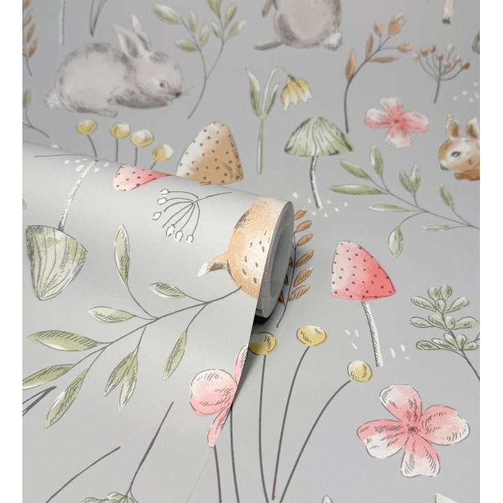 Papel pintado de animalitos en el bosque fondo color gris - Pip Acorn 684052
