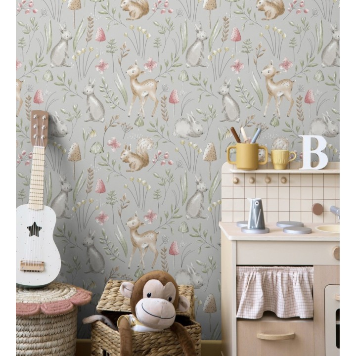 Papel pintado de animalitos en el bosque fondo color gris - Pip Acorn 684052