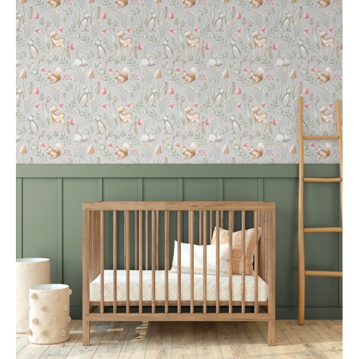 Papel pintado de animalitos en el bosque fondo color gris - Pip Acorn 684052