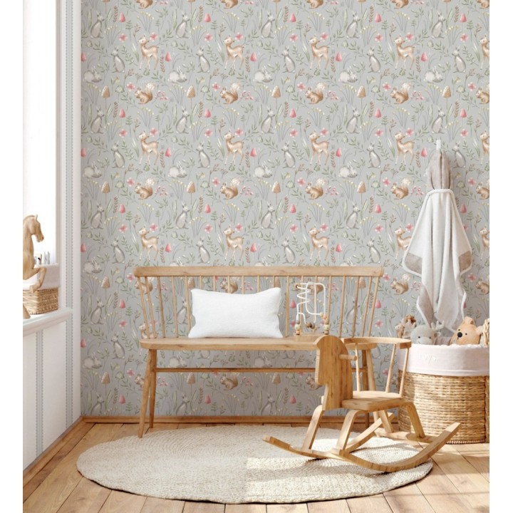 Papel pintado de animalitos en el bosque fondo color gris - Pip Acorn 684052