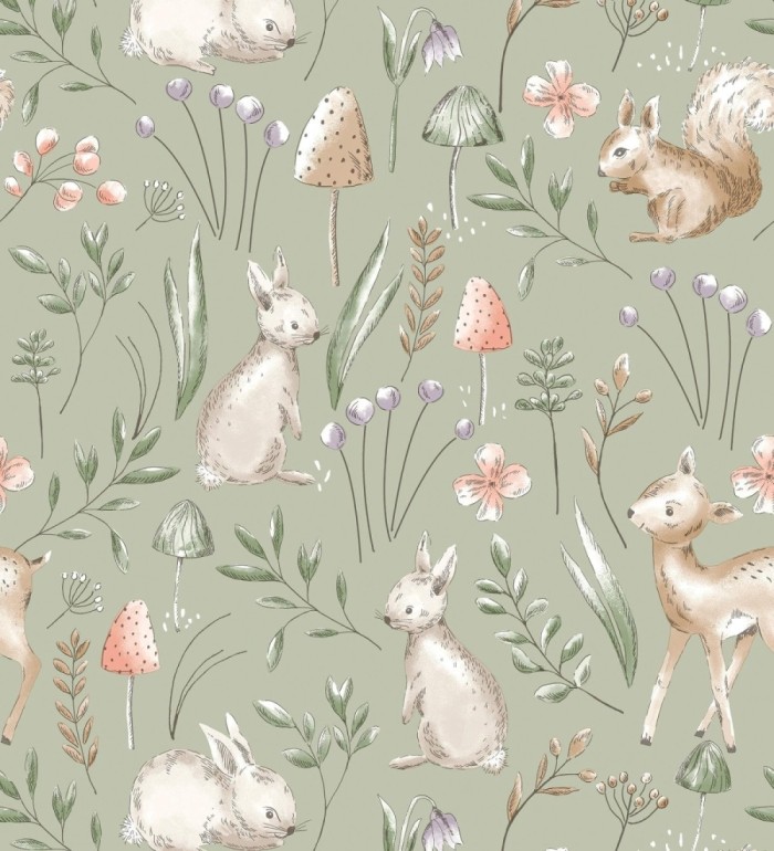 Papel pintado de animalitos en el bosque fondo color verde - Pip Acorn 684053
