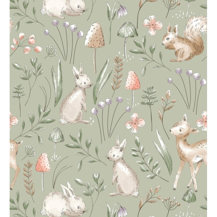 Papel pintado de animalitos en el bosque fondo color verde - Pip Acorn 684053