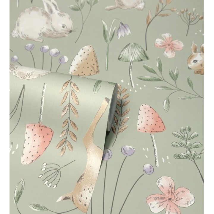 Papel pintado de animalitos en el bosque fondo color verde - Pip Acorn 684053