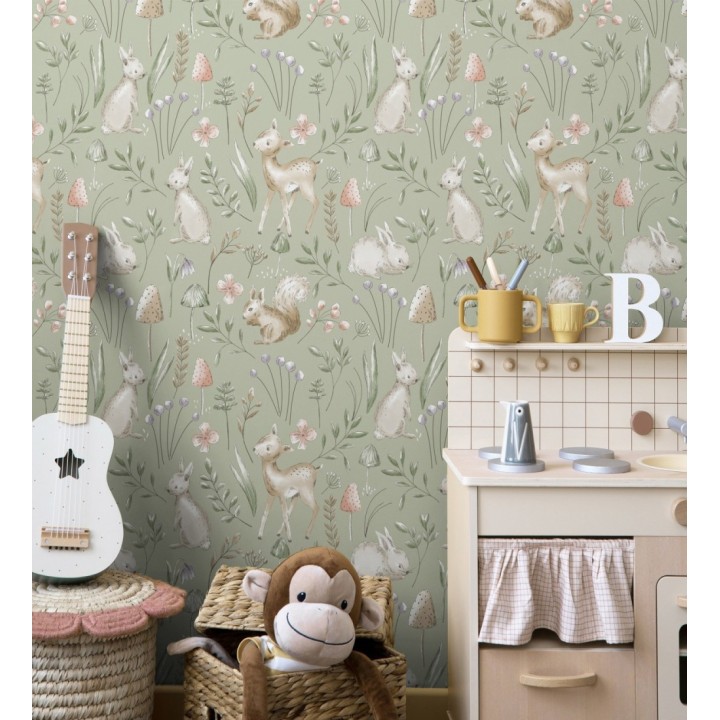 Papel pintado de animalitos en el bosque fondo color verde - Pip Acorn 684053