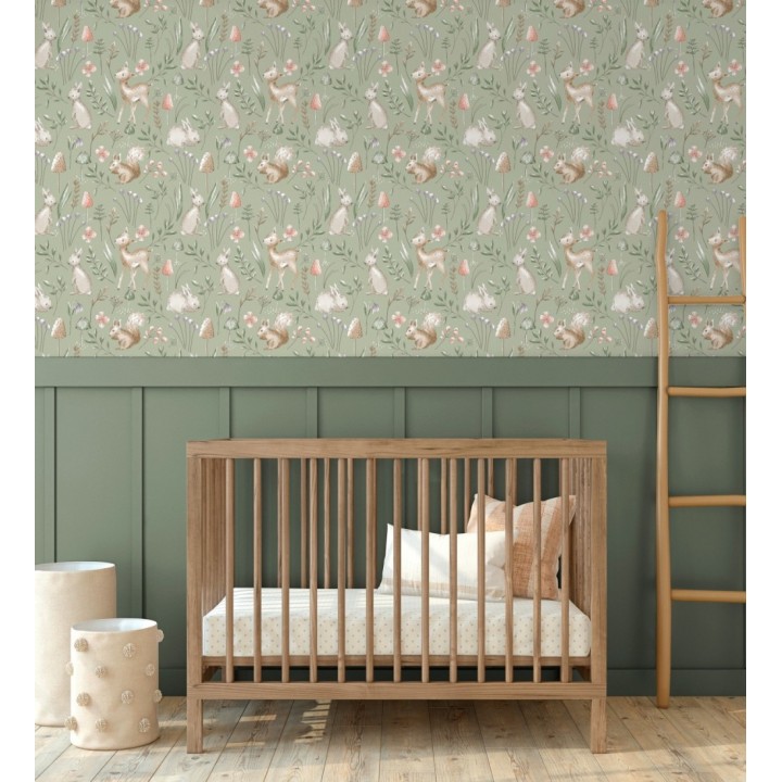 Papel pintado de animalitos en el bosque fondo color verde - Pip Acorn 684053