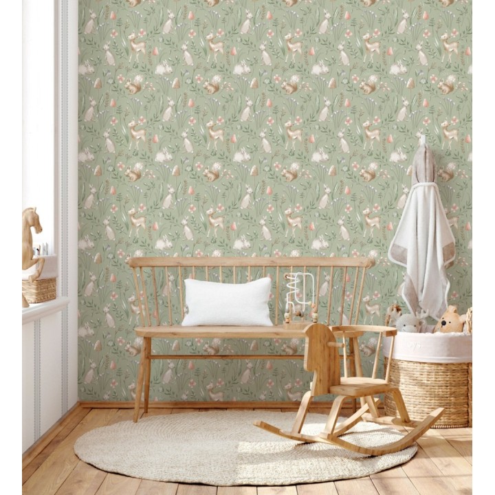 Papel pintado de animalitos en el bosque fondo color verde - Pip Acorn 684053