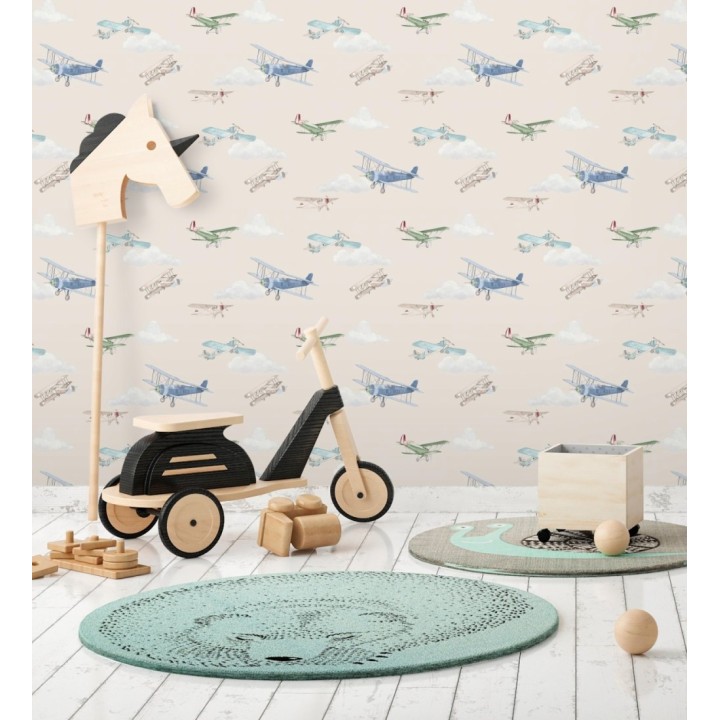 Papel pintado de aviones y nubes artísticas fondo beige - Bastian Aviator 684055
