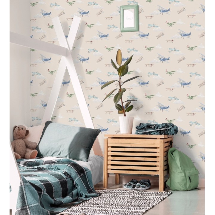 Papel pintado de aviones y nubes artísticas fondo beige - Bastian Aviator 684055