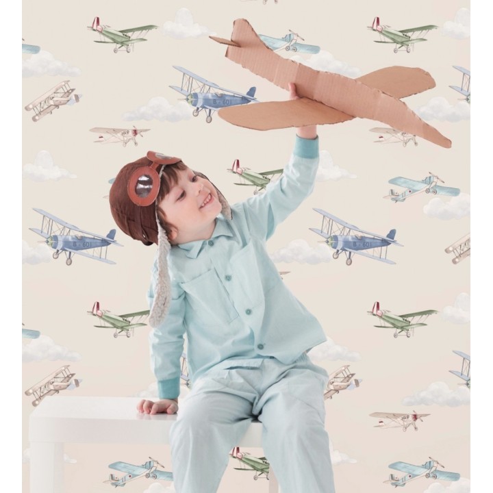 Papel pintado de aviones y nubes artísticas fondo beige - Bastian Aviator 684055