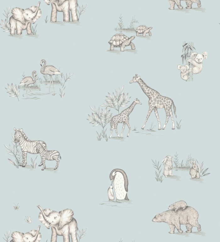 Papel pintado de fauna con animalitos sobre fondo azul pastel - Joy Safari 684057