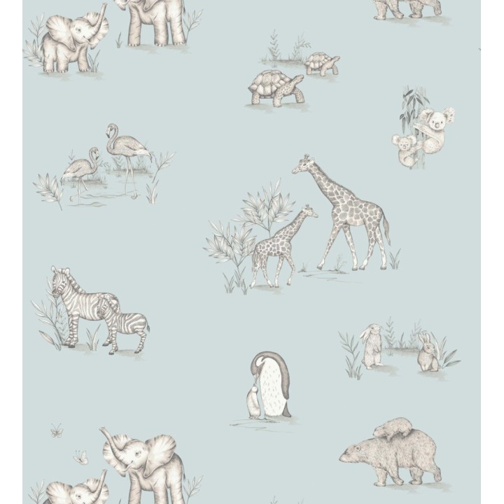 Papel pintado de fauna con animalitos sobre fondo azul pastel - Joy Safari 684057