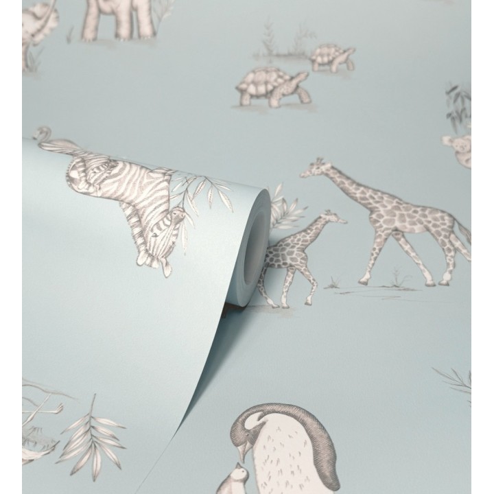 Papel pintado de fauna con animalitos sobre fondo azul pastel - Joy Safari 684057