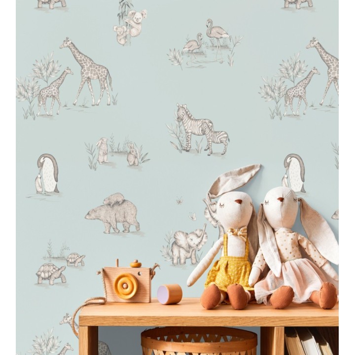 Papel pintado de fauna con animalitos sobre fondo azul pastel - Joy Safari 684057