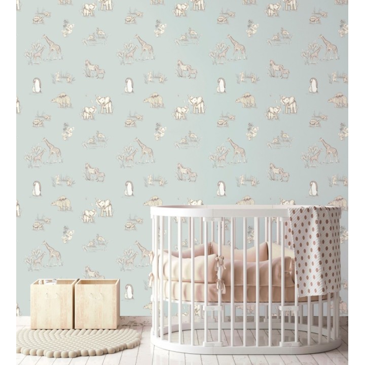 Papel pintado de fauna con animalitos sobre fondo azul pastel - Joy Safari 684057