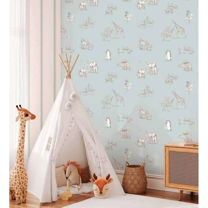 Papel pintado de fauna con animalitos sobre fondo azul pastel - Joy Safari 684057