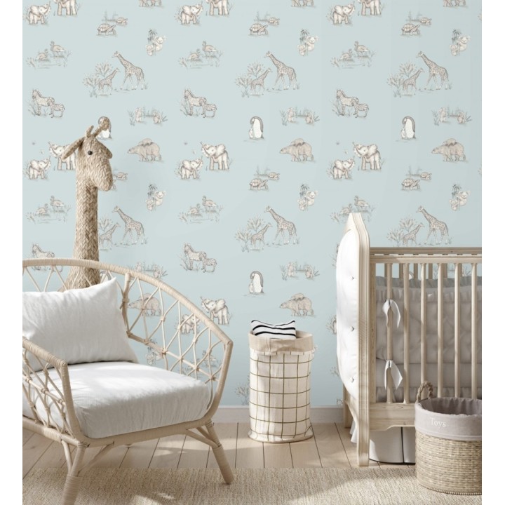 Papel pintado de fauna con animalitos sobre fondo azul pastel - Joy Safari 684057