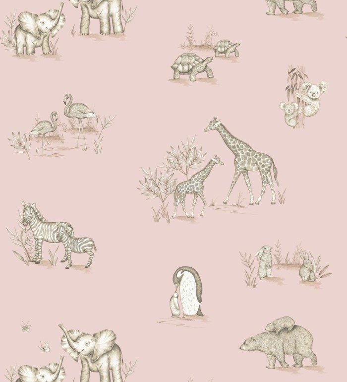 Papel pintado de fauna con animalitos sobre fondo rosa - Joy Safari 684058