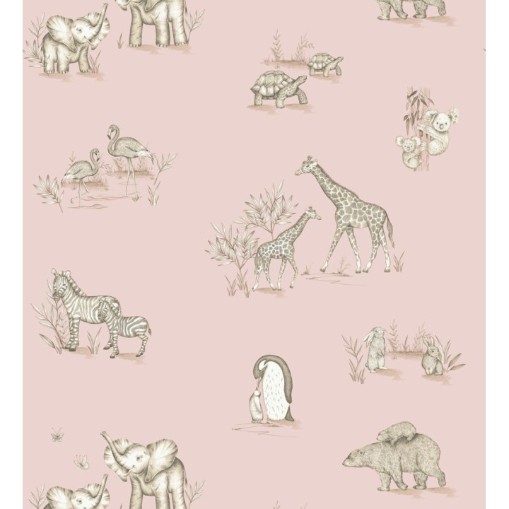 Papel pintado de fauna con animalitos sobre fondo rosa - Joy Safari 684058