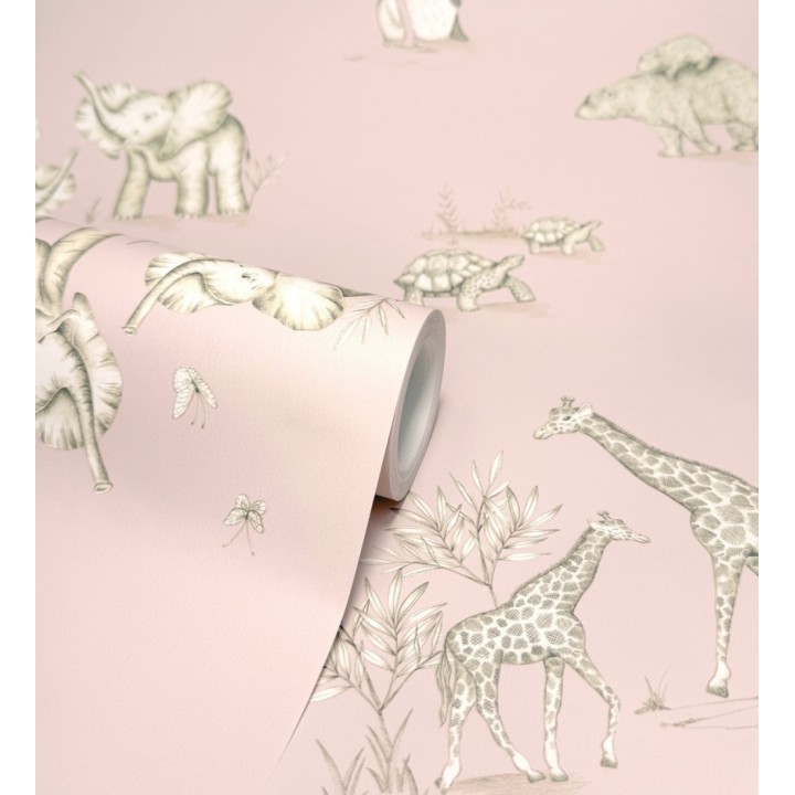 Papel pintado de fauna con animalitos sobre fondo rosa - Joy Safari 684058