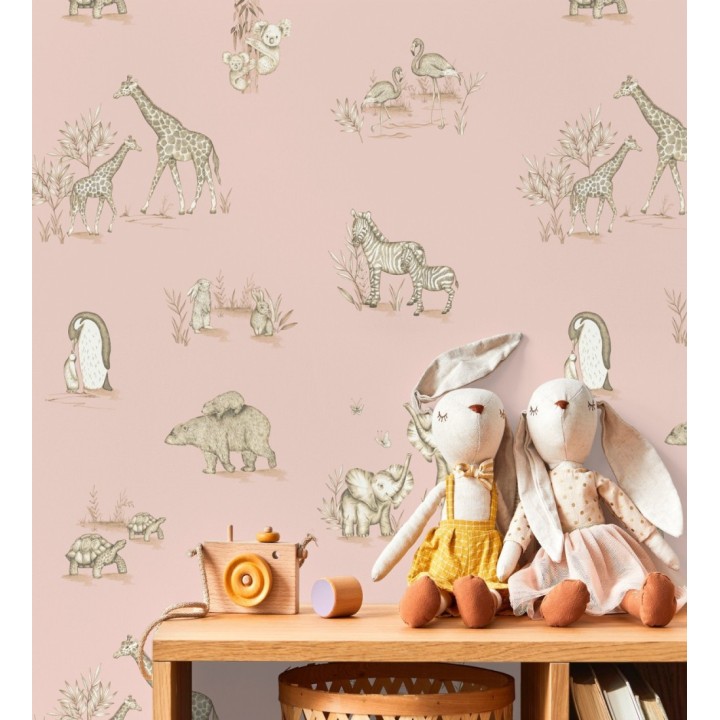 Papel pintado de fauna con animalitos sobre fondo rosa - Joy Safari 684058
