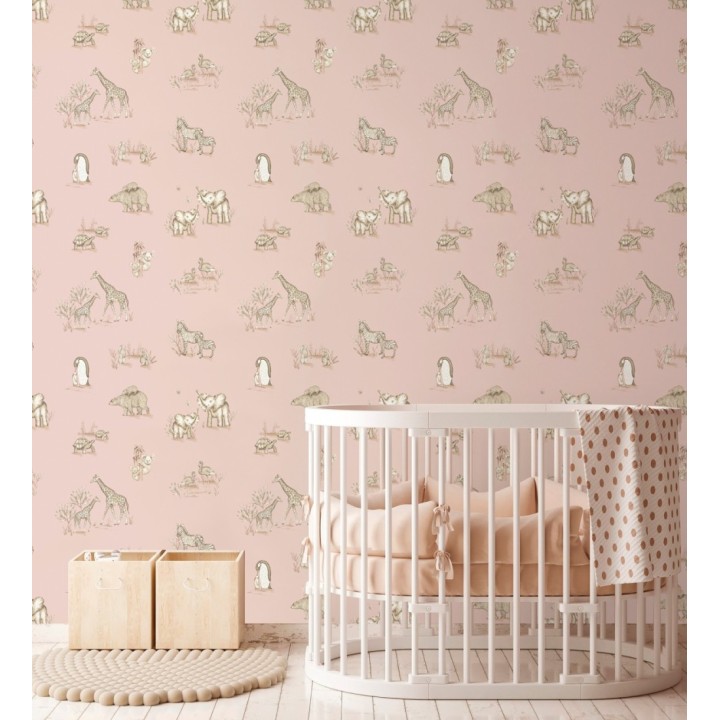 Papel pintado de fauna con animalitos sobre fondo rosa - Joy Safari 684058