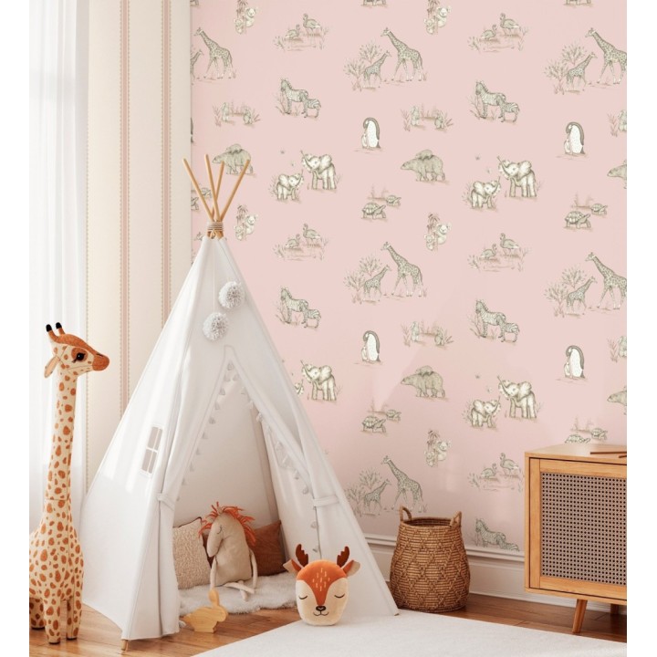 Papel pintado de fauna con animalitos sobre fondo rosa - Joy Safari 684058