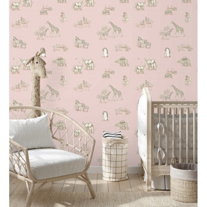 Papel pintado de fauna con animalitos sobre fondo rosa - Joy Safari 684058