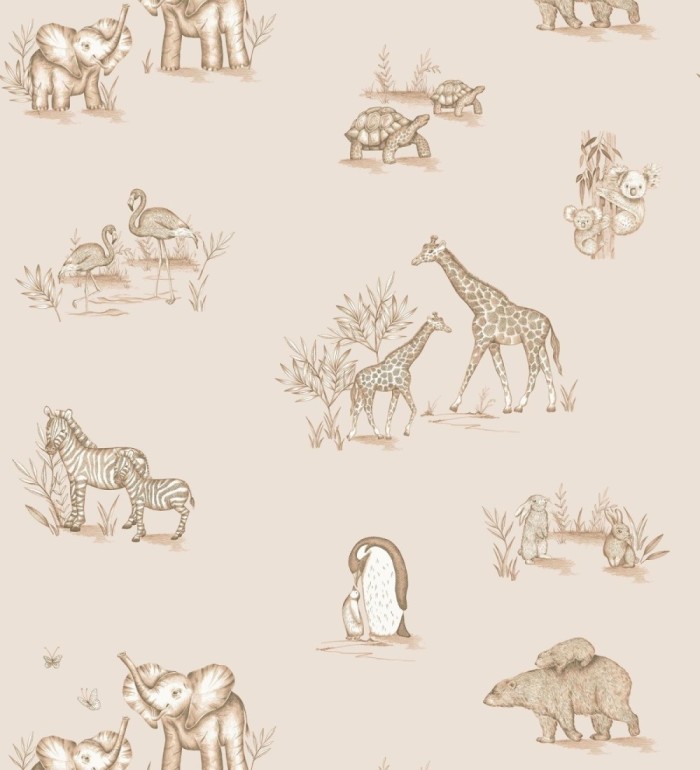 Papel pintado de fauna con animalitos sobre fondo beige - Joy Safari 684059