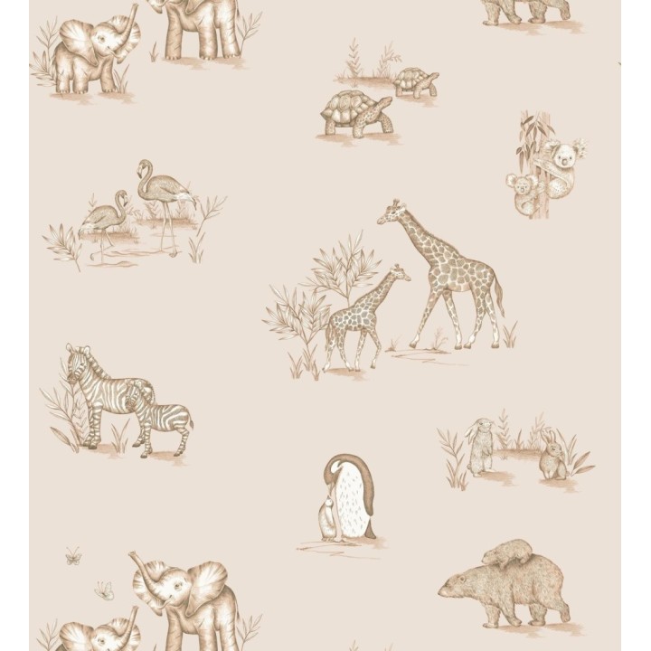 Papel pintado de fauna con animalitos sobre fondo beige - Joy Safari 684059