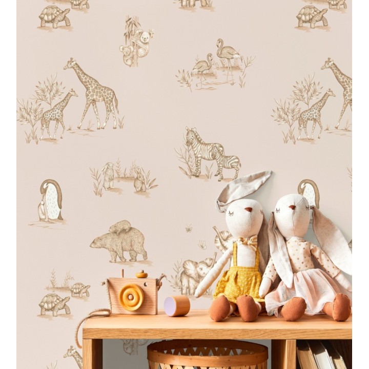 Papel pintado de fauna con animalitos sobre fondo beige - Joy Safari 684059