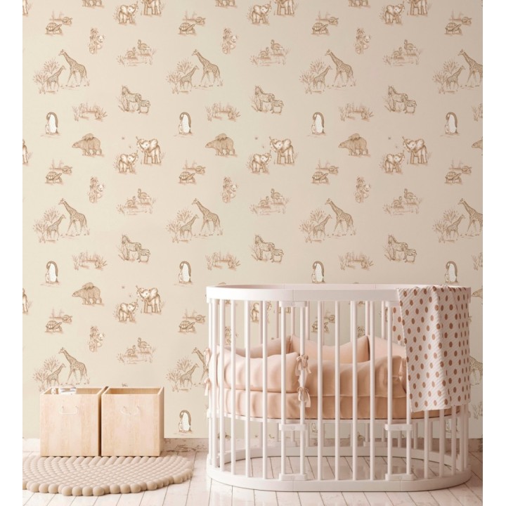 Papel pintado de fauna con animalitos sobre fondo beige - Joy Safari 684059