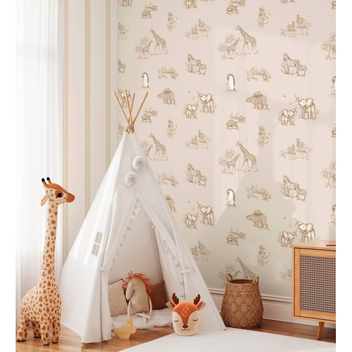 Papel pintado de fauna con animalitos sobre fondo beige - Joy Safari 684059