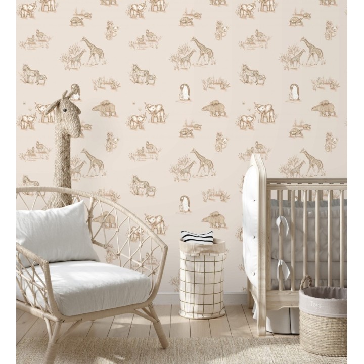 Papel pintado de fauna con animalitos sobre fondo beige - Joy Safari 684059