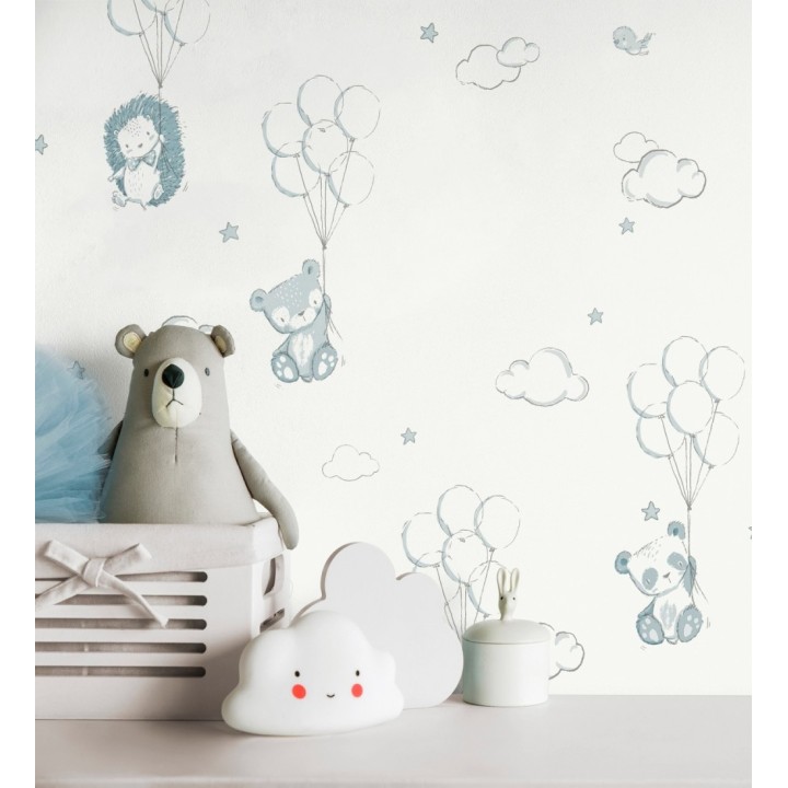 Papel pintado infantil globos ositos nubes azul y blanco - Milo Starry 684060