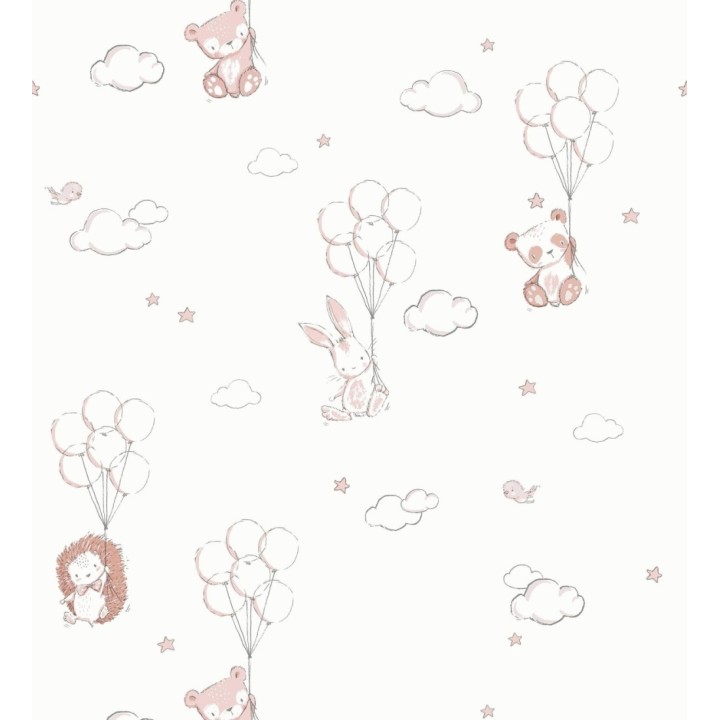 Papel pintado infantil globos ositos nubes rosa y blanco roto - Milo Starry 684061