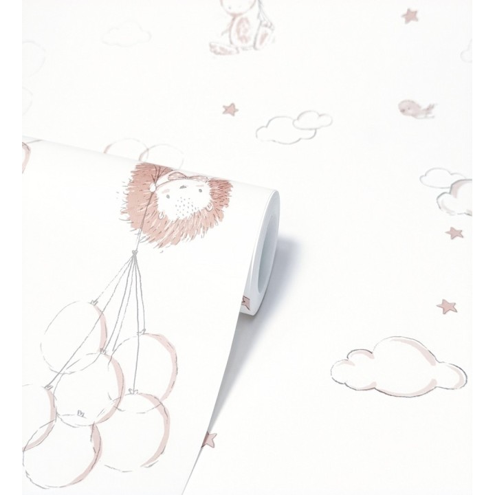 Papel pintado infantil globos ositos nubes rosa y blanco roto - Milo Starry 684061