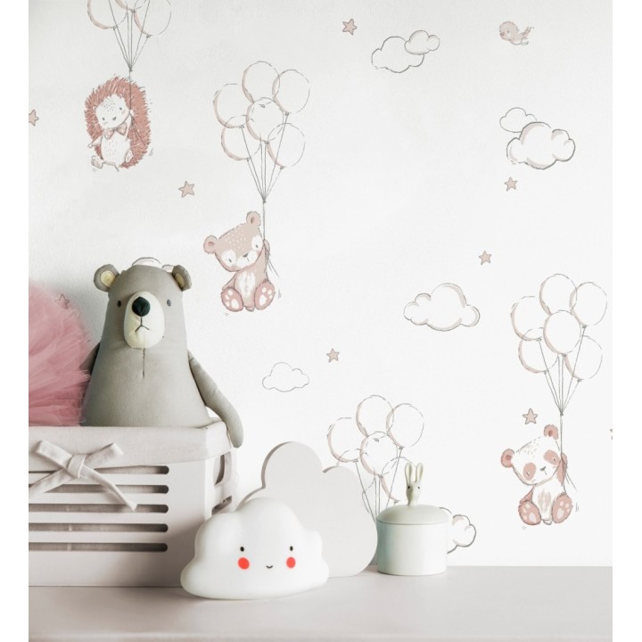 Papel pintado infantil globos ositos nubes rosa y blanco roto - Milo Starry 684061