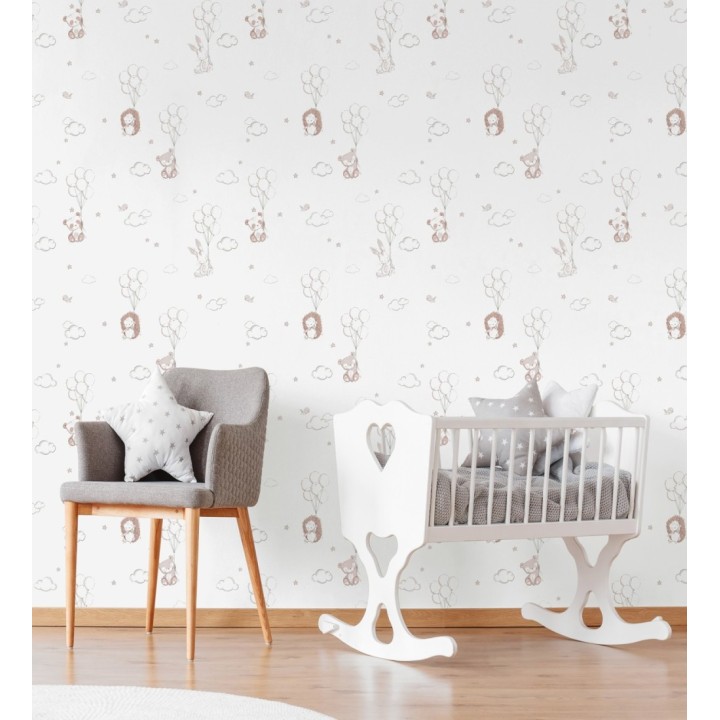 Papel pintado infantil globos ositos nubes rosa y blanco roto - Milo Starry 684061