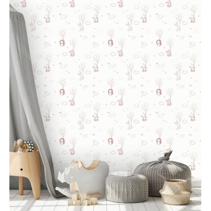 Papel pintado infantil globos ositos nubes rosa y blanco roto - Milo Starry 684061