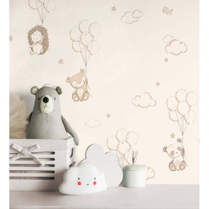 Papel pintado infantil globos ositos nubes beige y marfil claro - Milo Starry 684062