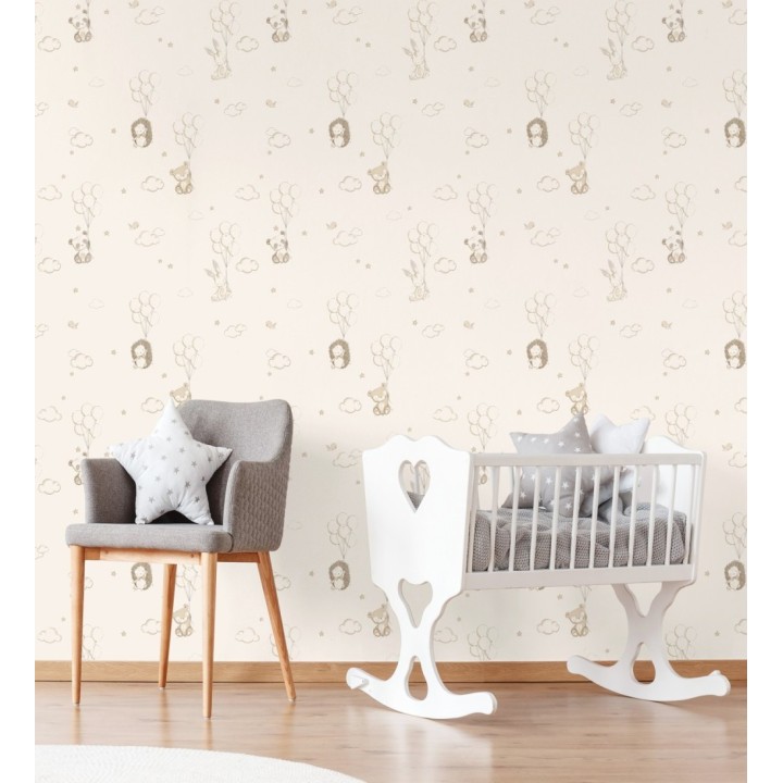 Papel pintado infantil globos ositos nubes beige y marfil claro - Milo Starry 684062