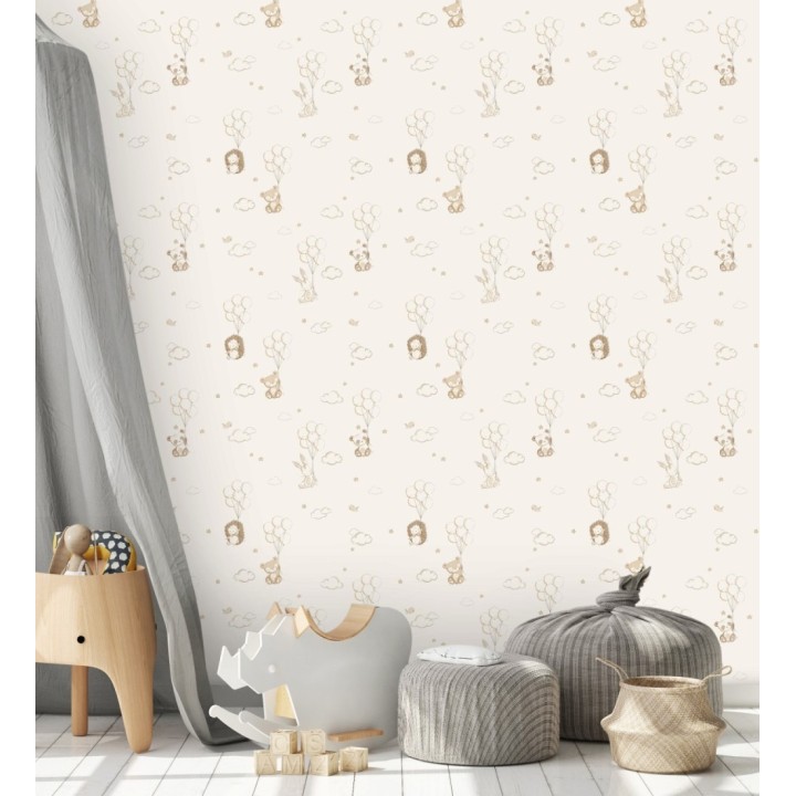Papel pintado infantil globos ositos nubes beige y marfil claro - Milo Starry 684062