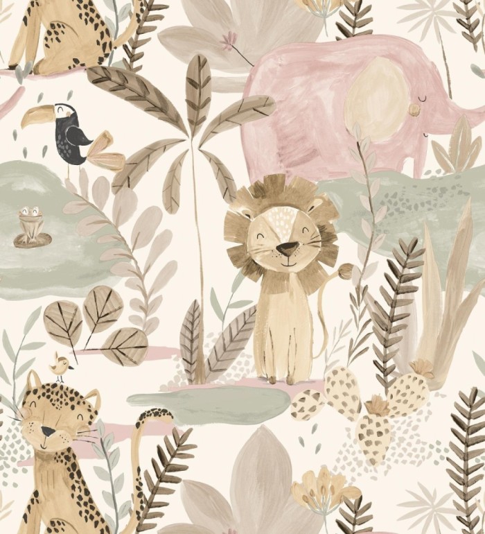 Papel pintado animales selva infantil acuarela pastel suave - Leo Happy 684063