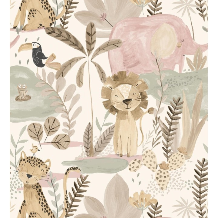 Papel pintado animales selva infantil acuarela pastel suave - Leo Happy 684063