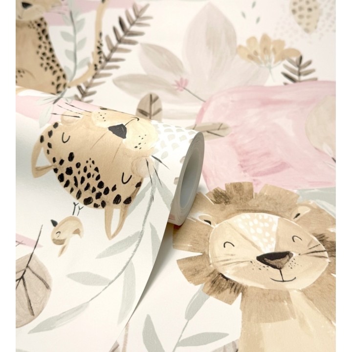 Papel pintado animales selva infantil acuarela pastel suave - Leo Happy 684063