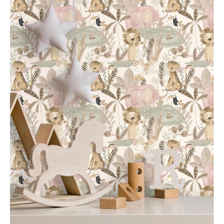 Papel pintado animales selva infantil acuarela pastel suave - Leo Happy 684063